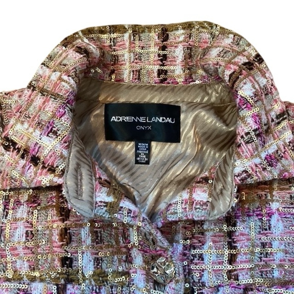 Adrienne Landau ONYX Crystal Tweed Jacket Blazer Pink Gold Sequin Fringe Medium - Picture 5 of 16